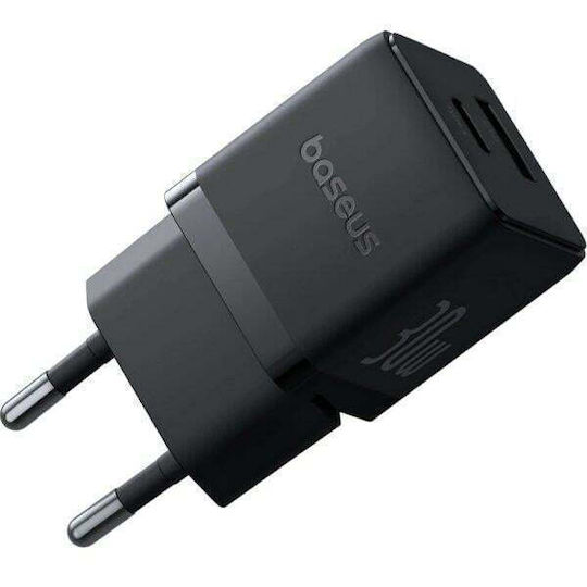 Baseus Φορτιστής με Θύρα USB-A και Θύρα USB-C και Καλώδιο USB-C - USB-C 30W Μαύρος (Palm)