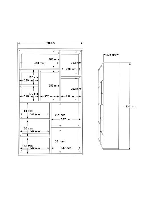 Bücherregal Boteca Weiß / Weiß 75cm / 75x22cm / 22x123,6cm / 123,6cm