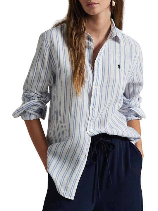 Langärmelig Damen Leinen Hemd White/pond Blue Gestreift