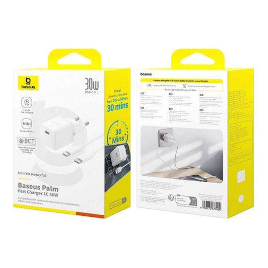 Baseus Ladegerät mit USB-C Anschluss und Kabel USB-C - USB-C 30W Stromlieferung Weißs (Palm)