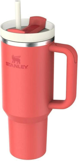 Stanley Quencher H2.0 FlowState Handled Thermos Stainless Steel BPA Free 1.18L Hot Coral with Straw and Handle