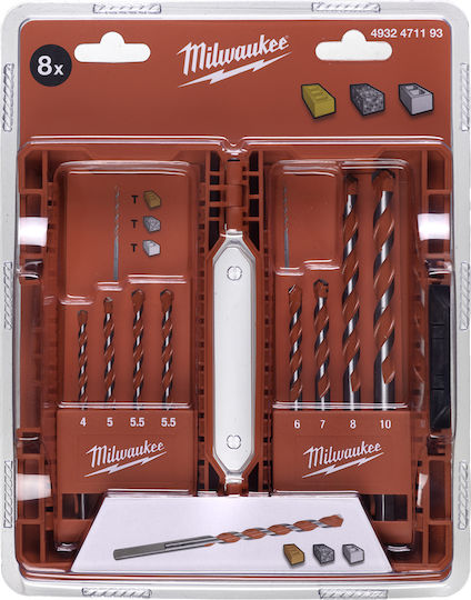 Milwaukee Set of 8 Diamond Drills Carbide with Triangular Shank for Masonry