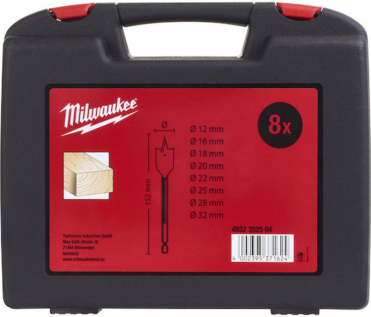 Milwaukee Set of 8 Feather Drills with Hexagonal Shank for Wood