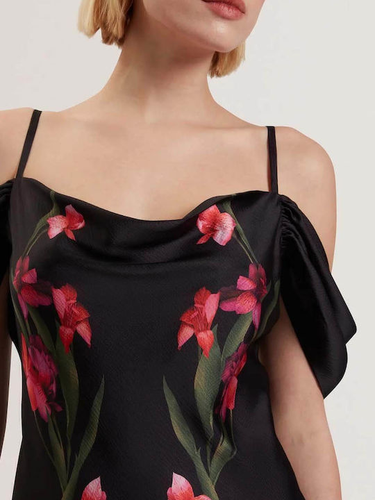Midi Evening Satin Dress with Ruffles Black