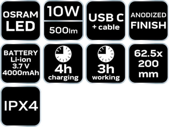 Neo Tools Επαναφορτιζόμενος Φακός LED IPX4 με Μέγιστη Φωτεινότητα 500lm