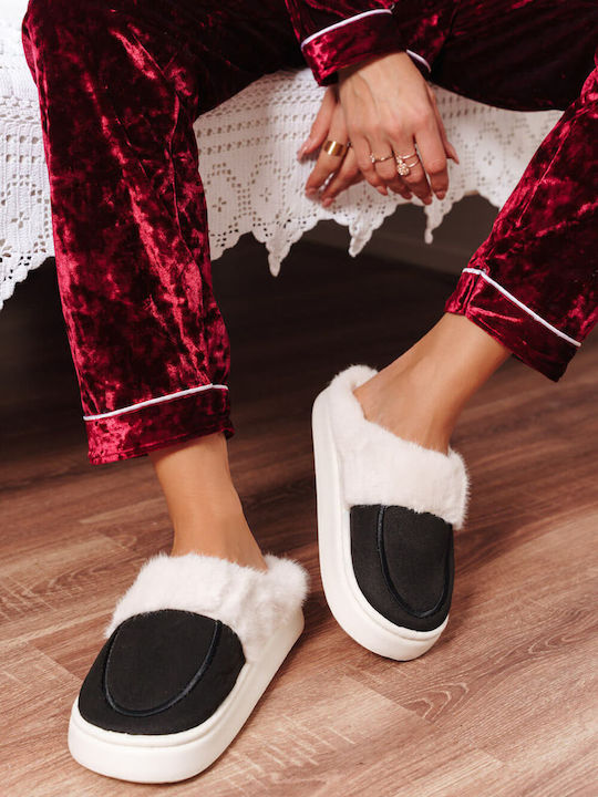 Black Warm Slippers with Fur Lining