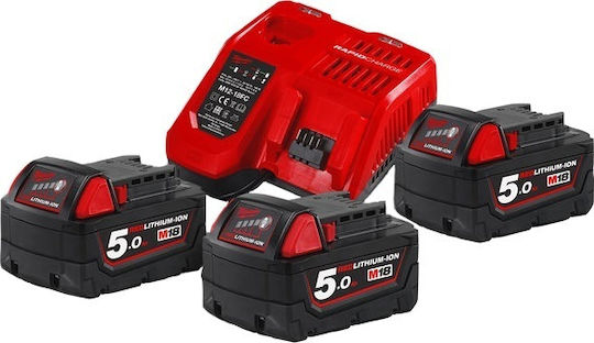 Milwaukee Set 3 Werkzeugbatterien Lithium 18V Kapazität 5Ah mit Ladegerät M18 Nrg503 Kit