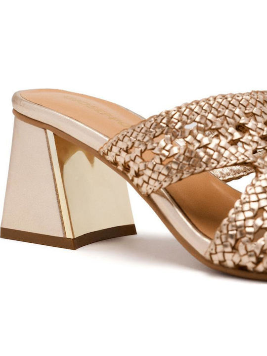 Leather Women's Flat Sandals in Gold Color