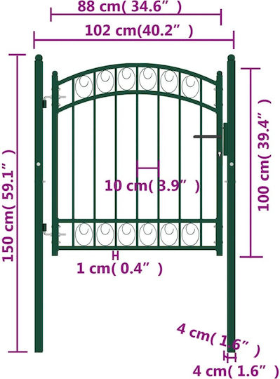 vidaXL Fence Gate With Arched Top Green Steel Metal Fence Gate with Spears in Green Color 1.0x1.0m