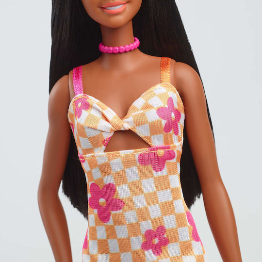 Barbie Checkered Flower Midi Dress Black Hair Doll Fashionistas Fashionistas Brunette Yellow Dress - Pink Flowers for 3+ years+ Years