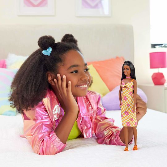 Barbie Checkered Flower Midi Dress Black Hair Doll Fashionistas Fashionistas Brunette Yellow Dress - Pink Flowers for 3+ years+ Years