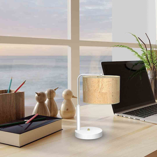 Eko Light Cork Метална Настолна лампа за Цокъл E27 с Бежов Абажур и Бяла Основа