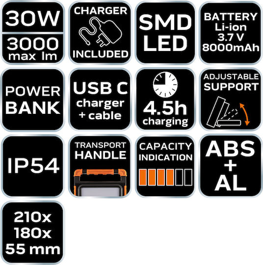 Neo Tools Προβολέας Εργασίας Επαναφορτιζόμενος LED IP54 με Φωτεινότητα έως 3000lm
