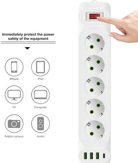 Leewello LW-196 Power Strip with Surge Protection 5 Positions with 3 USB-A, USB-C and Cable 2m