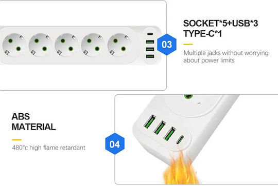 Leewello LW-196 Power Strip with Surge Protection 5 Positions with 3 USB-A, USB-C and Cable 2m