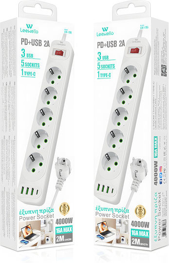 Leewello LW-196 Power Strip with Surge Protection 5 Positions with 3 USB-A, USB-C and Cable 2m