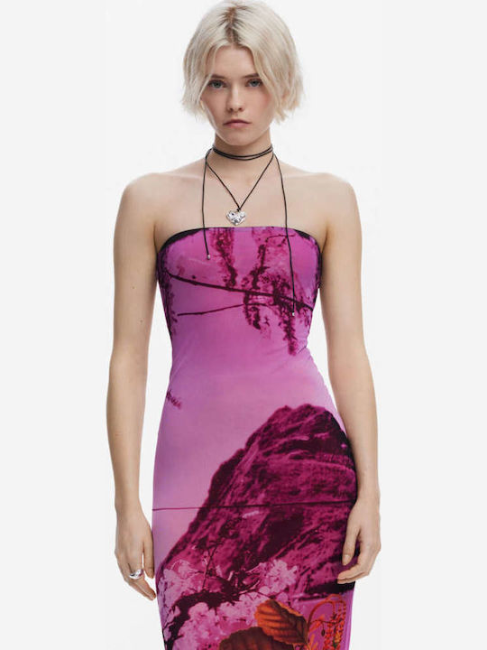 Summer Midi Evening Dress Strapless with Tulle Purple