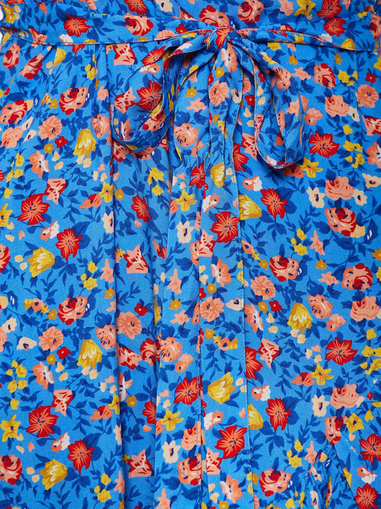 Summer Mini Wrap Dress with Ruffles Blue
