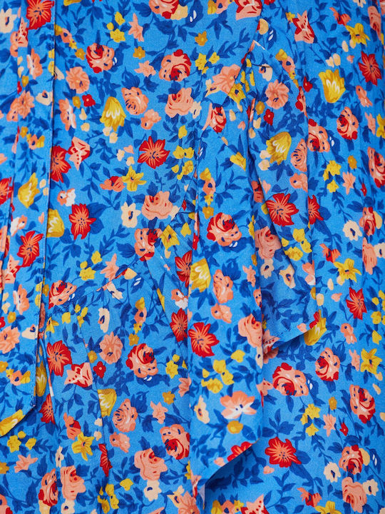 Summer Mini Wrap Dress with Ruffles Blue