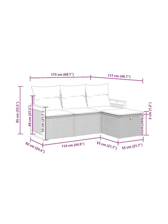 Corner Outdoor Sofa Rattan with Chest and Cushions 55x55x69cm