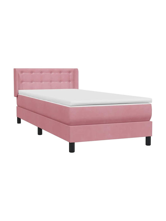 Pat Single Tapițat cu Material Textil Roz cu Plăci și Saltea 90x220cm