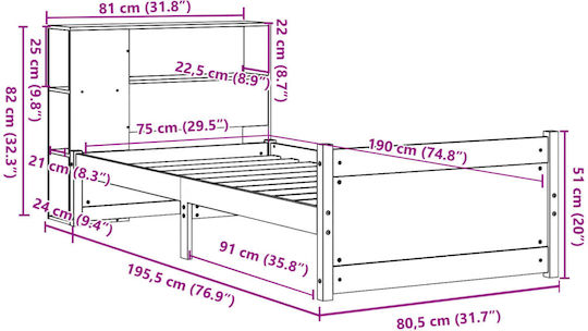 Pat Single Din Lemn Masiv Maro Cu Plăci Potrivit Pentru Saltea 75x190cm