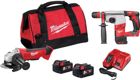 Milwaukee M18 Vario Set Powerpack Ъглово колело & Чук 18V с 2 батерии 5Ах и куфар с Защитни очила