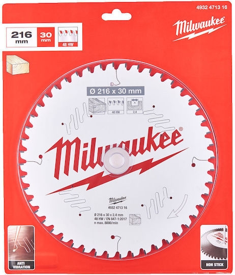 Milwaukee S216x30/48z Mw Δίσκος Κοπής Ξύλου 216mm