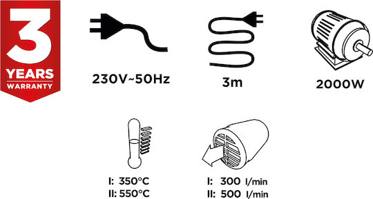Graphite Πιστόλι Θερμού Αέρα 2000W με Ρύθμιση Θερμοκρασίας εως και 550°C
