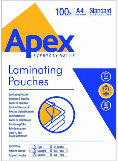 Fellowes Apex Standard Laminating Sheets Glossy A4 100 Microns 100 Pieces