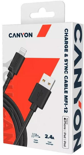 Canyon Lightning Cable Mfi-12 26mb/s 5V/2.4A Apple Certified 2m Length Black