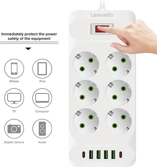 Leewello Power Strip 6 Sockets with 4 USB-A 2 USB-C and 2m Cable