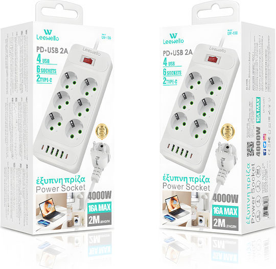 Leewello Power Strip 6 Sockets with 4 USB-A 2 USB-C and 2m Cable