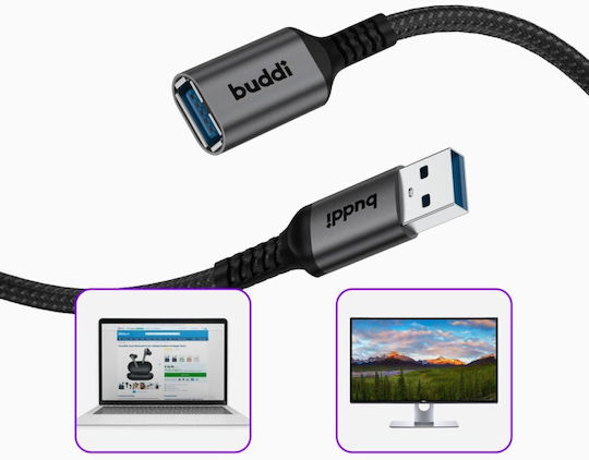 Buddi Cablu USB 2.0 USB-A Male - USB-A Female Negru 2m