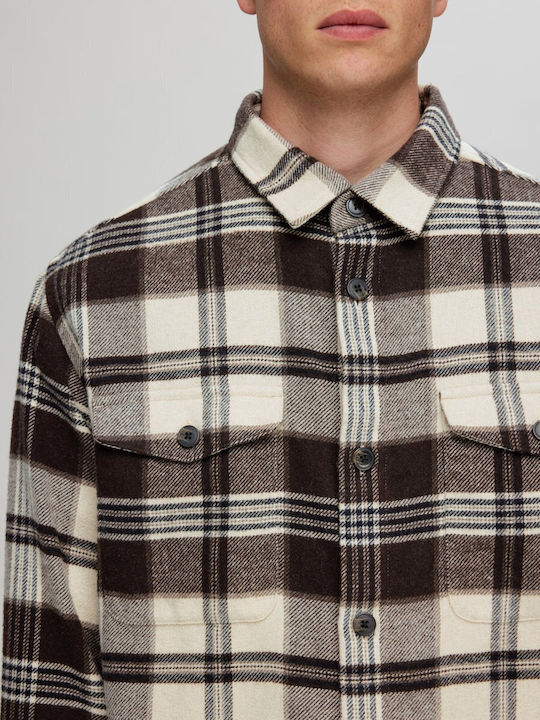 Herrenhemden Langärmeliges Overshirt in Breite Linie Geprüft Braun