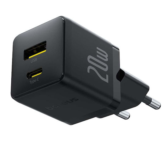 Baseus с USB-A порт и USB-C порт и кабел USB-C - USB-C 20W Power Delivery / Quick Charge 3.0 Черен (Palm)