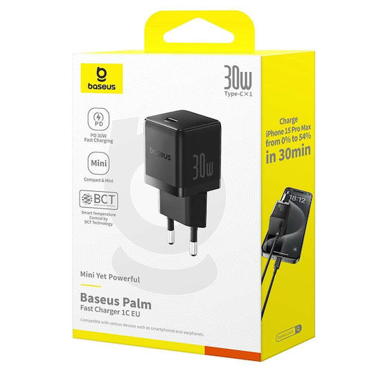 Baseus Încărcător Fără Cablu cu Port USB-C 30W Livrarea energiei Negruς (Palm)