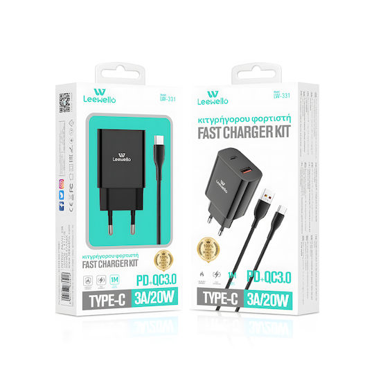 Leewello Încărcător cu Port USB-A și Port USB-C și Cablu USB-C 20W Livrarea energiei / Quick Charge 3.0 Negruς (LW-331)