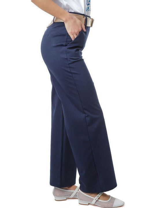 Blue Cotton Belted Trousers