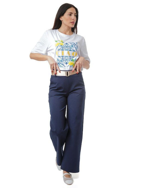 Blue Cotton Belted Trousers