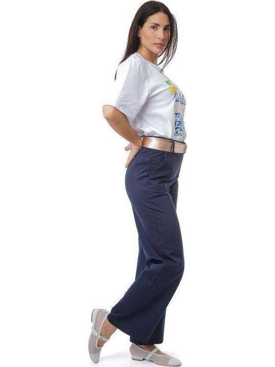 Blue Cotton Belted Trousers