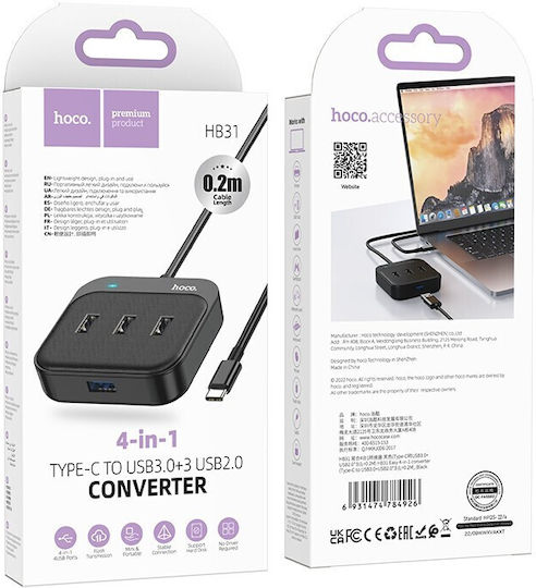 Hoco Hb31 Easy Hub 4 Θυρών USB 2.0 με σύνδεση USB-A