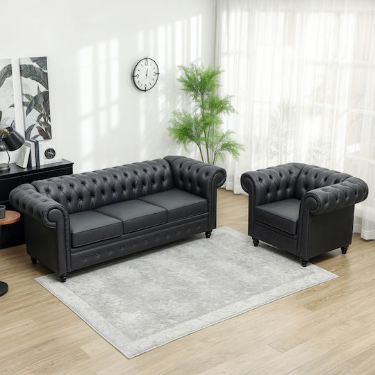 Three-Seater Couch Artificial Leather Black Velvet-Black Metal 213x86x79cm