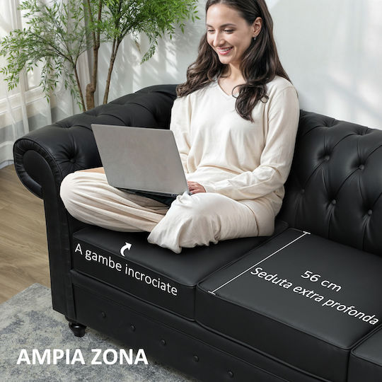 Three-Seater Couch Artificial Leather Black Velvet-Black Metal 213x86x79cm