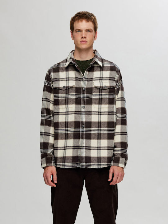 Herrenhemden Langärmeliges Overshirt in Breite Linie Geprüft Braun