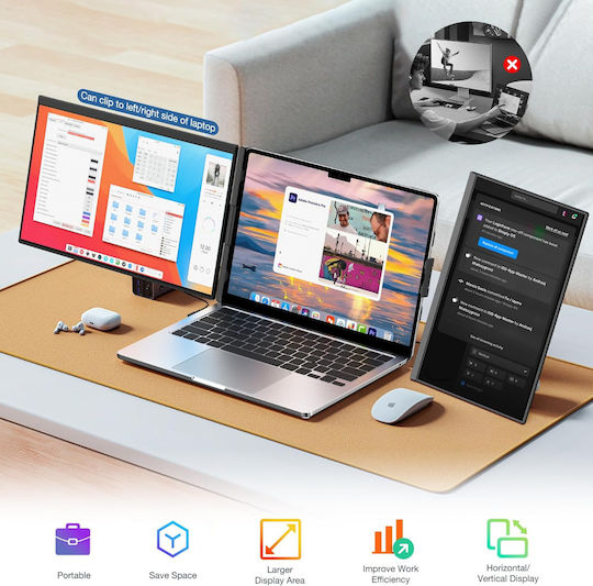 Monitor Portabil Extensibil Qova 15.6" FHD IPS Display 13"-17.3" Laptopuri Design Ultra-subțire 1080p USB-C/HDMI Ecran Extern Laptop Gaming Birou Călătorie Compatibil Windows Mac Linux Switch PS5 Plug Play
