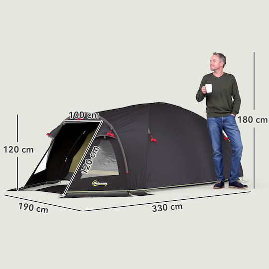 Outsunny Σκηνή Camping Τούνελ Ορειβασίας Μαύρη 4 Εποχών για 4 Άτομα Αδιάβροχη 3000mm 330x190x120εκ.