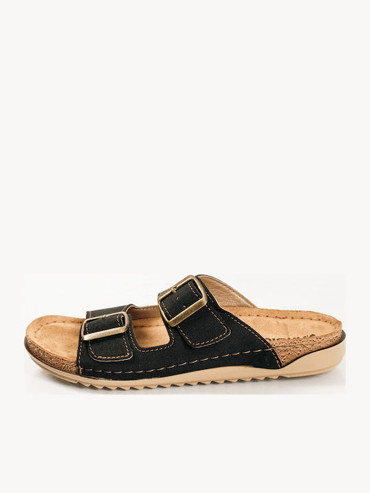 Leather Women's Flat Sandals in Black Color