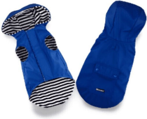 Pet Interest Stripe Lining Waterproof Dog Coat with Hood Blue Large 37cm