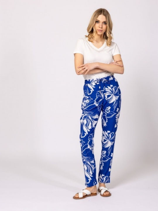 Women's Fabric Trousers Floral Blue/White